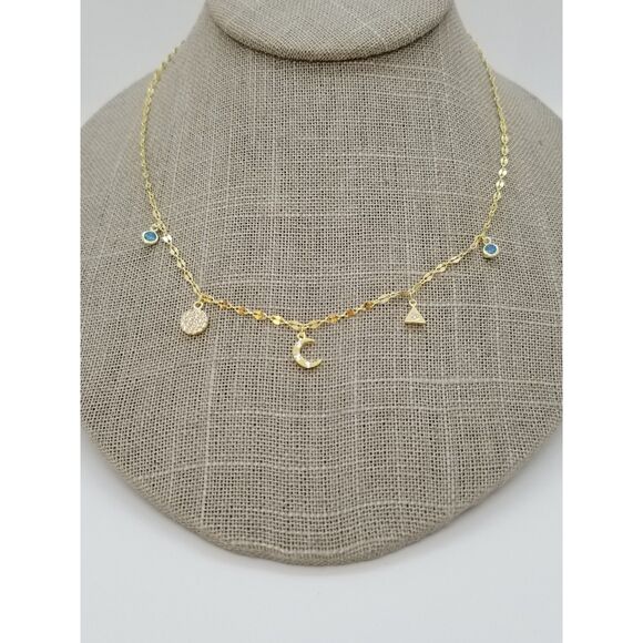 Celestial Necklace - Moon, Pyramid, Blue Crystals - Gold over Sterling Silver - Picture 5 of 5